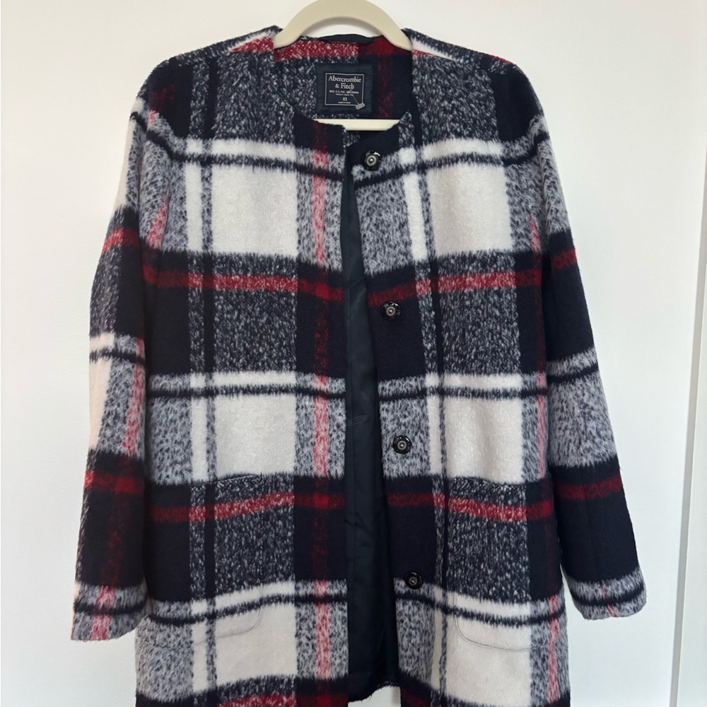 Abercrombie & Fitch Navy and Red Plaid Pea Coat
